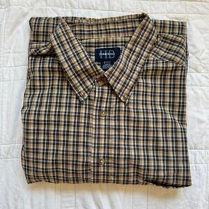 Harbor Bay 2XLT Tan brown plaid button up shirt collared relaxed cotton y2k